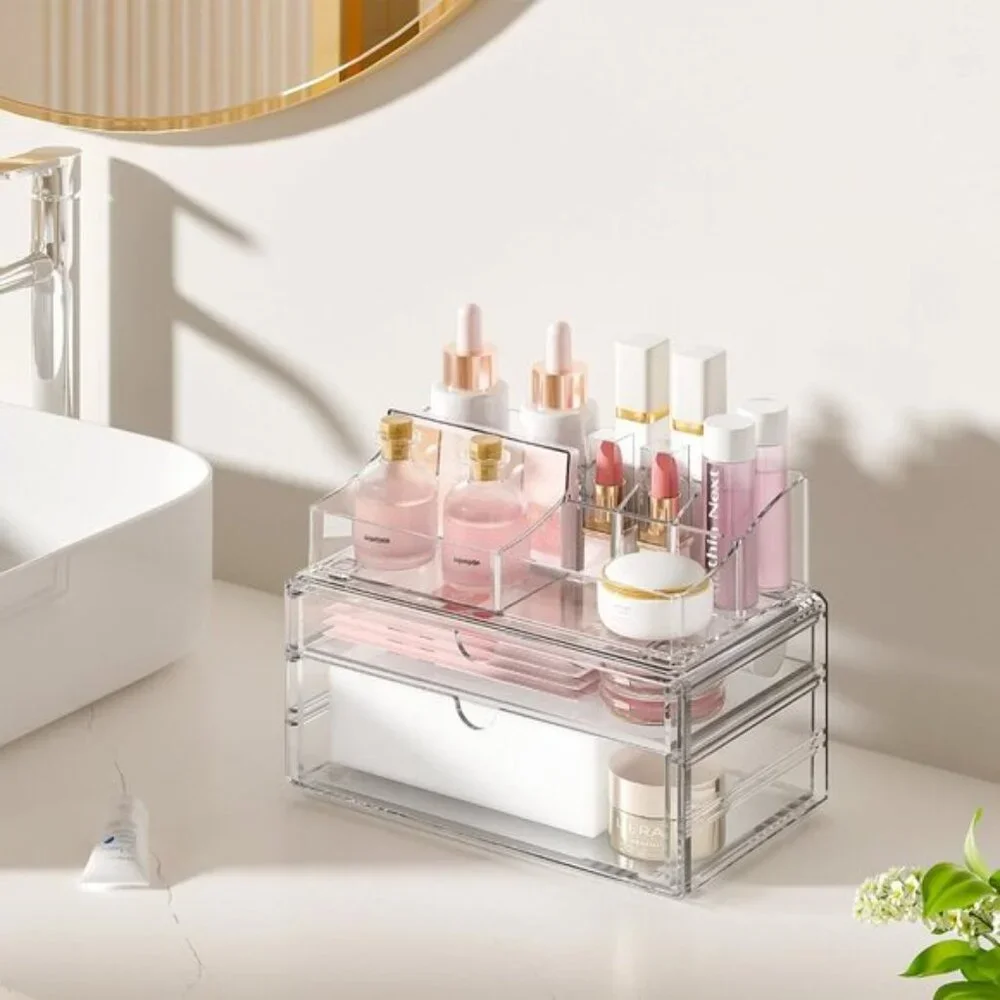 New 3-Tier Clear Makeup Organizer with Drawer, Stackable Acrylic Vanity Storage